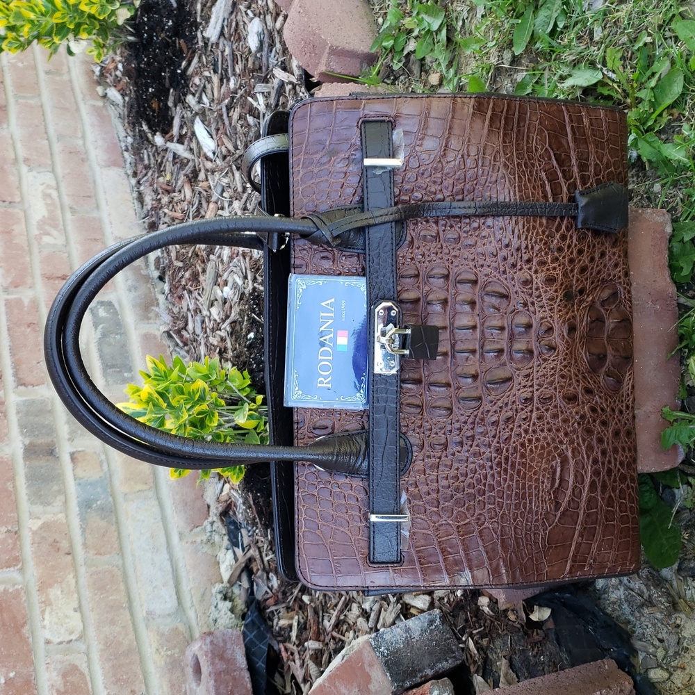 Rodania Genuine Leather Croco Embossed Satchel Convertible Bag Brown Quiet Luxur